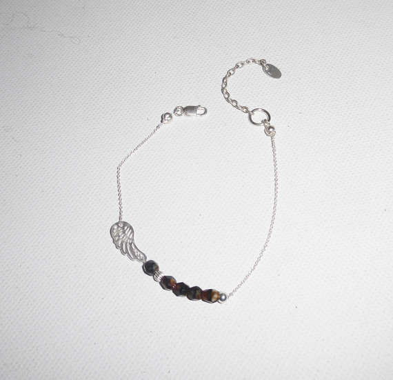 Original brun kristall vinge och pärlor armband på 925 silver kedja