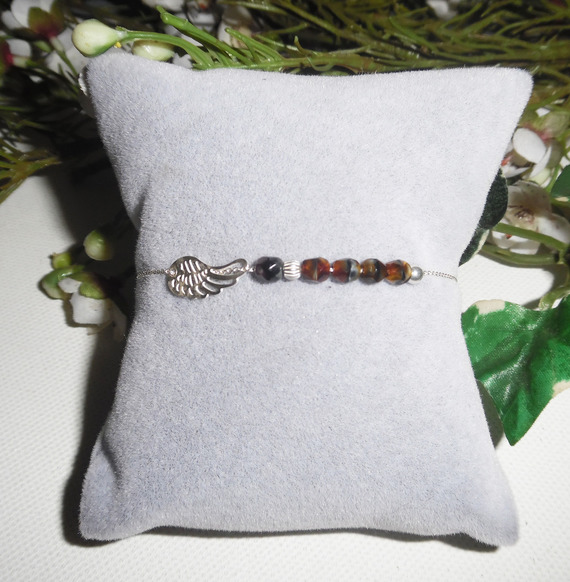 Original brun kristall vinge och pärlor armband på 925 silver kedja