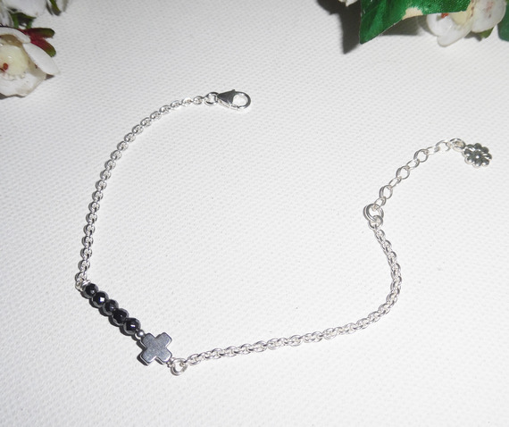 Original kors och hematit stenar armband på 925 silver kedja