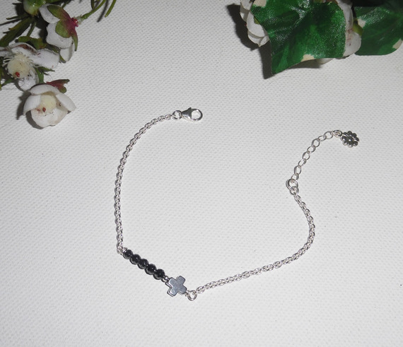 Original kors och hematit stenar armband på 925 silver kedja