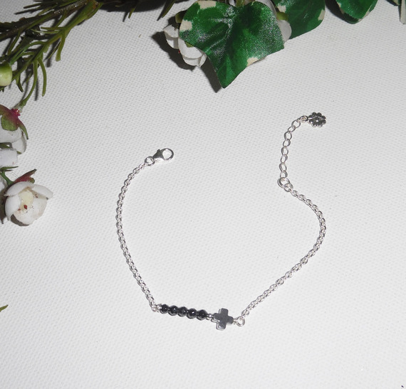 Original kors och hematit stenar armband på 925 silver kedja