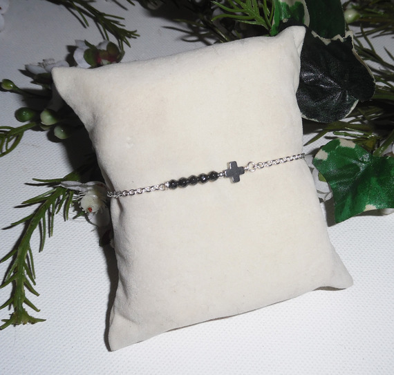 Original kors och hematit stenar armband på 925 silver kedja