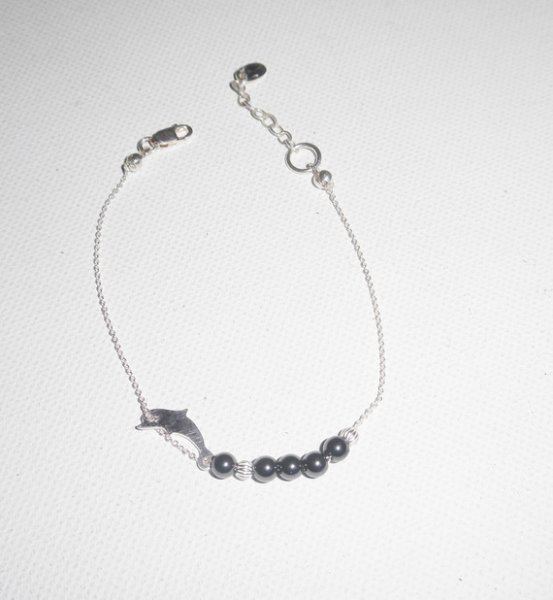 Original delfin och hematit pärlor armband på 925 silver kedja