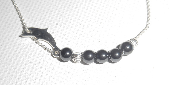 Original delfin och hematit pärlor armband på 925 silver kedja
