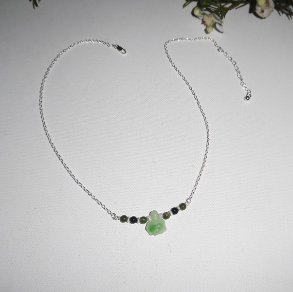Original 925 silver halsband med sköldpadda och jade pärlor på kedja