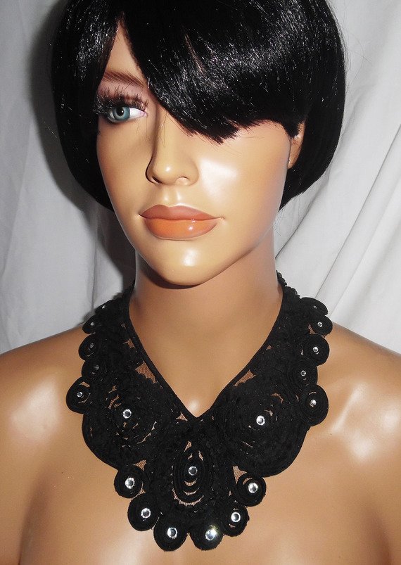 Original stor svart spetsblomma choker halsband med Swarovski kristall