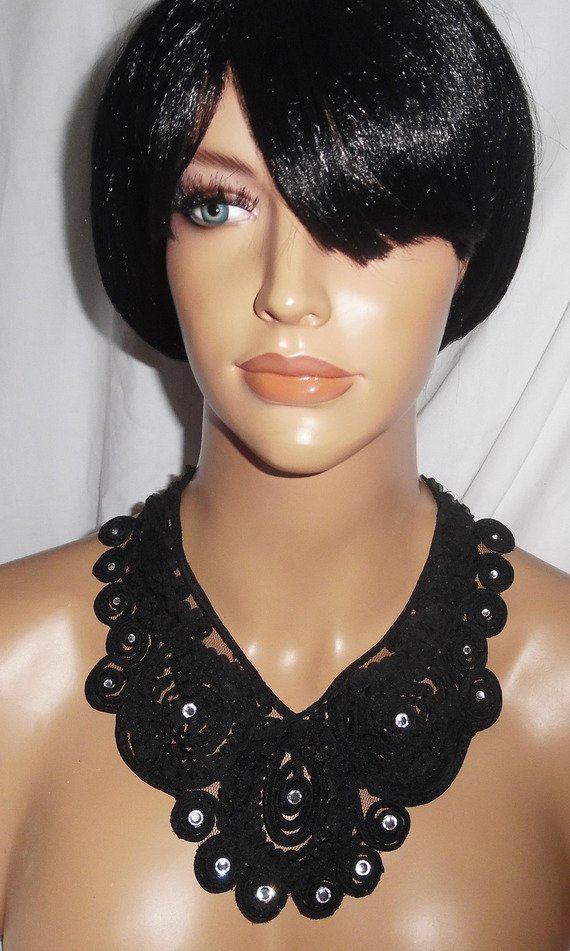 Original stor svart spetsblomma choker halsband med Swarovski kristall
