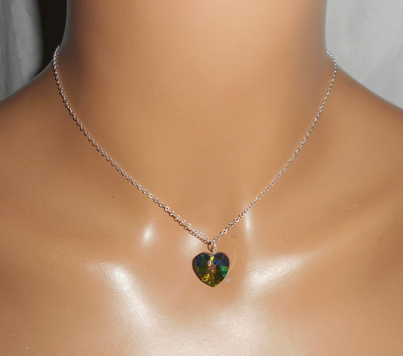 Set grönt hjärta hängande med Swarovski-kristall på 925 silverkedja