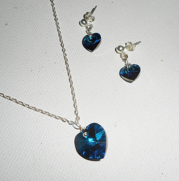 Set Swarovski crystal blått hjärta hängande på 925 silverkedja