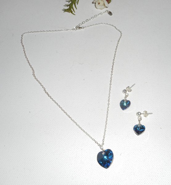 Set Swarovski crystal blått hjärta hängande på 925 silverkedja