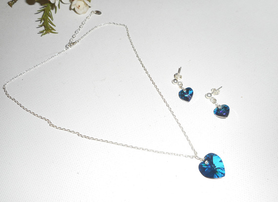 Set Swarovski crystal blått hjärta hängande på 925 silverkedja