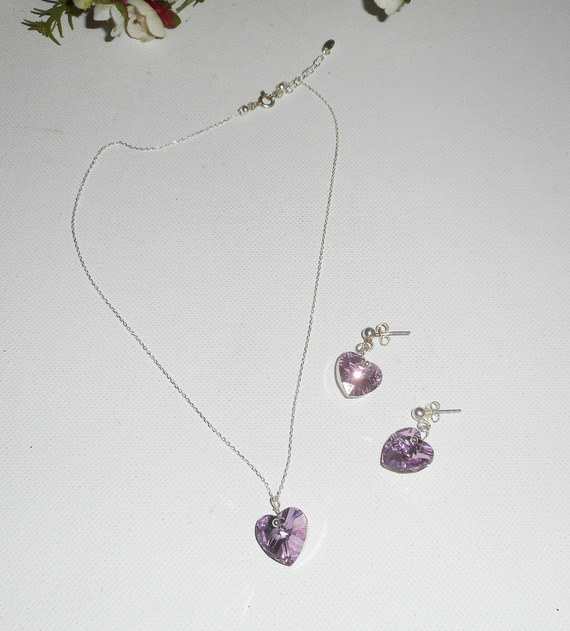 Set Lila hjärta hängande med Swarovski kristall på 925 silverkedja