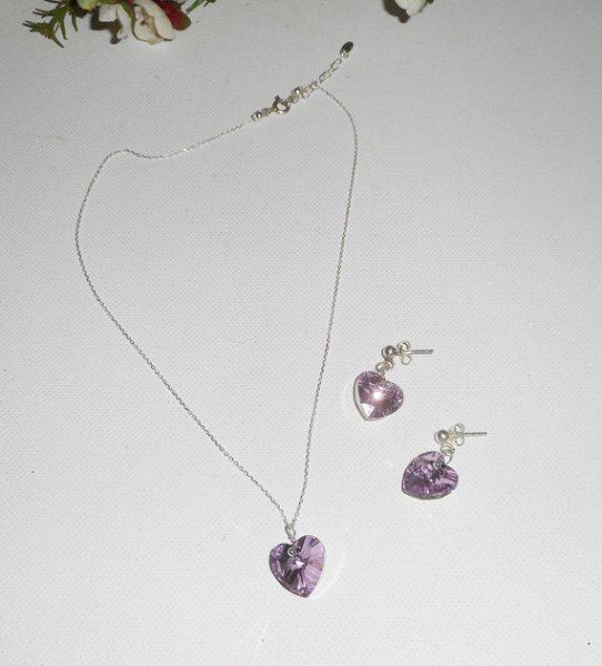 Set Lila hjärta hängande med Swarovski kristall på 925 silverkedja