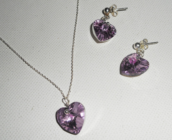 Set Lila hjärta hängande med Swarovski kristall på 925 silverkedja