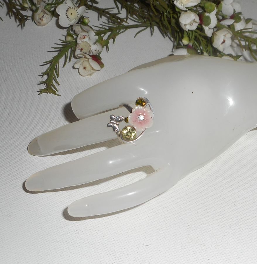 Original 925 silverring med rosa blomma och Swarovski-kristall