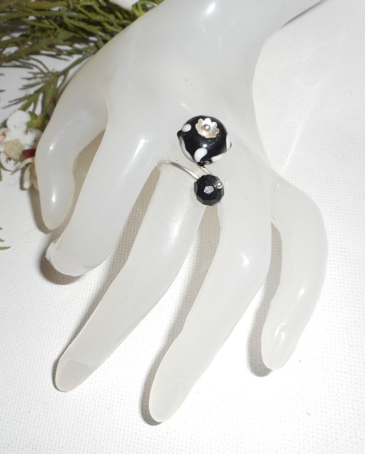 Original 925 silverring med lampwork pärla och svart kristall
