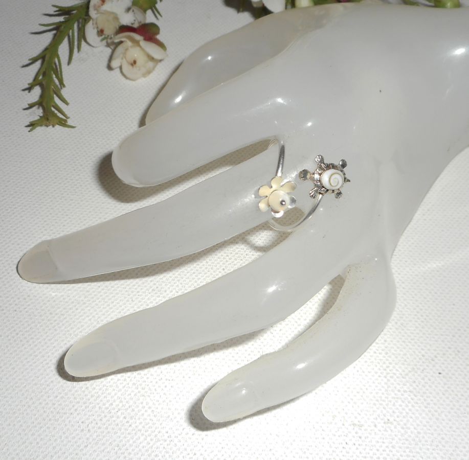 Original 925 silverring med vit St Lucia ögat sköldpadda och pärlemor