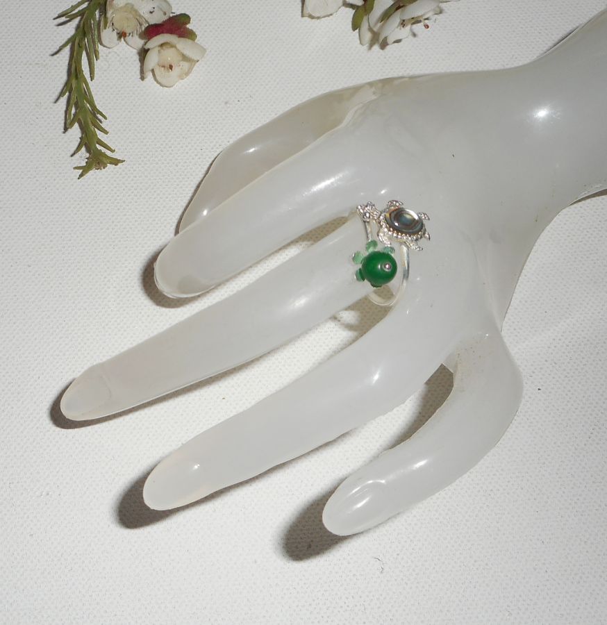 Original 925 silver ring med abalone sköldpadda och grön jade sten