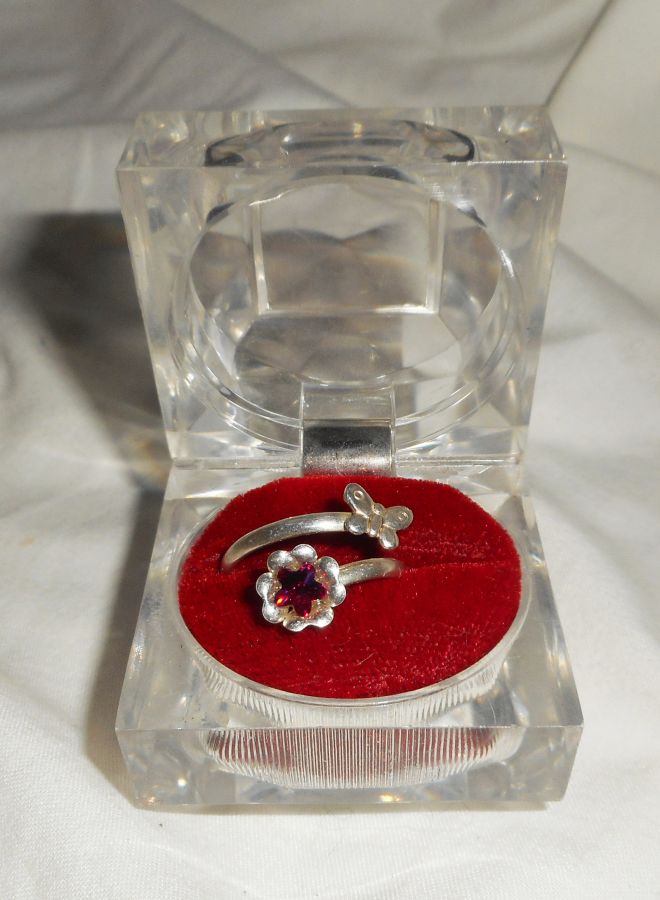 Original 925 silverring med kristallblomma och fjäril