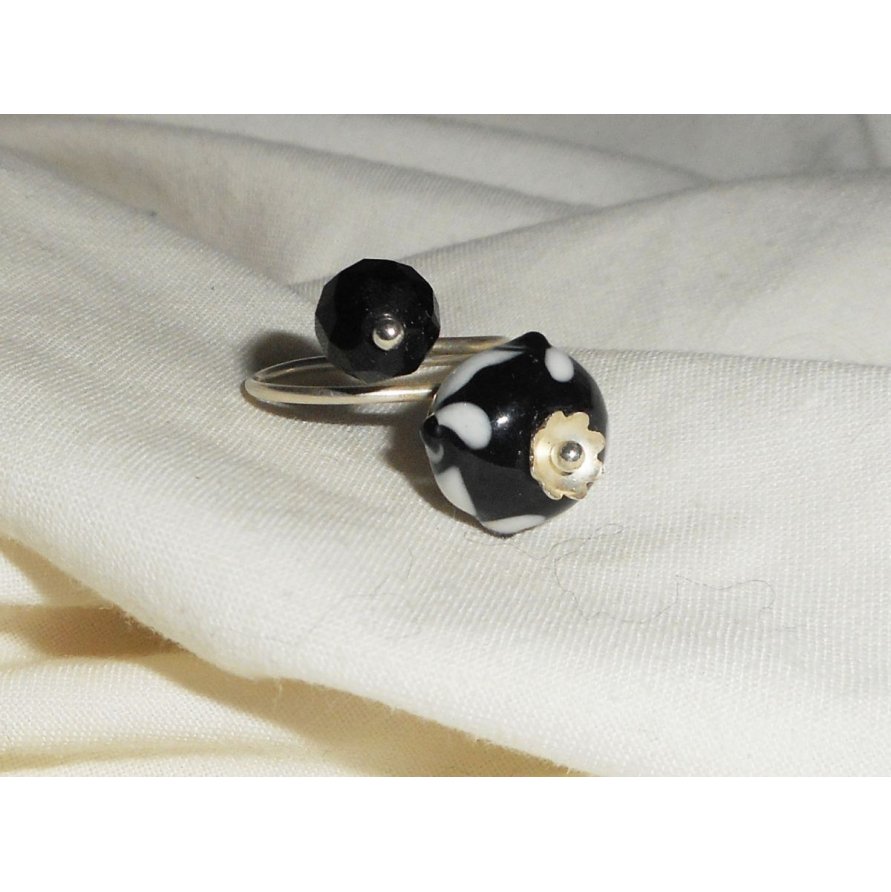 Original 925 silverring med lampwork pärla och svart kristall