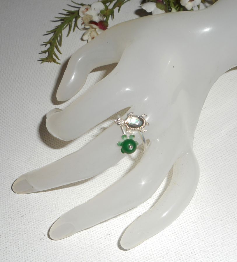 Original 925 silver ring med abalone sköldpadda och grön jade sten