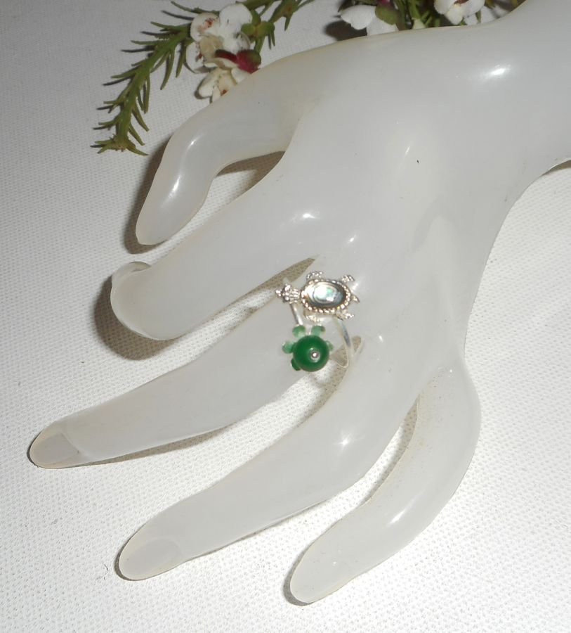 Original 925 silver ring med abalone sköldpadda och grön jade sten