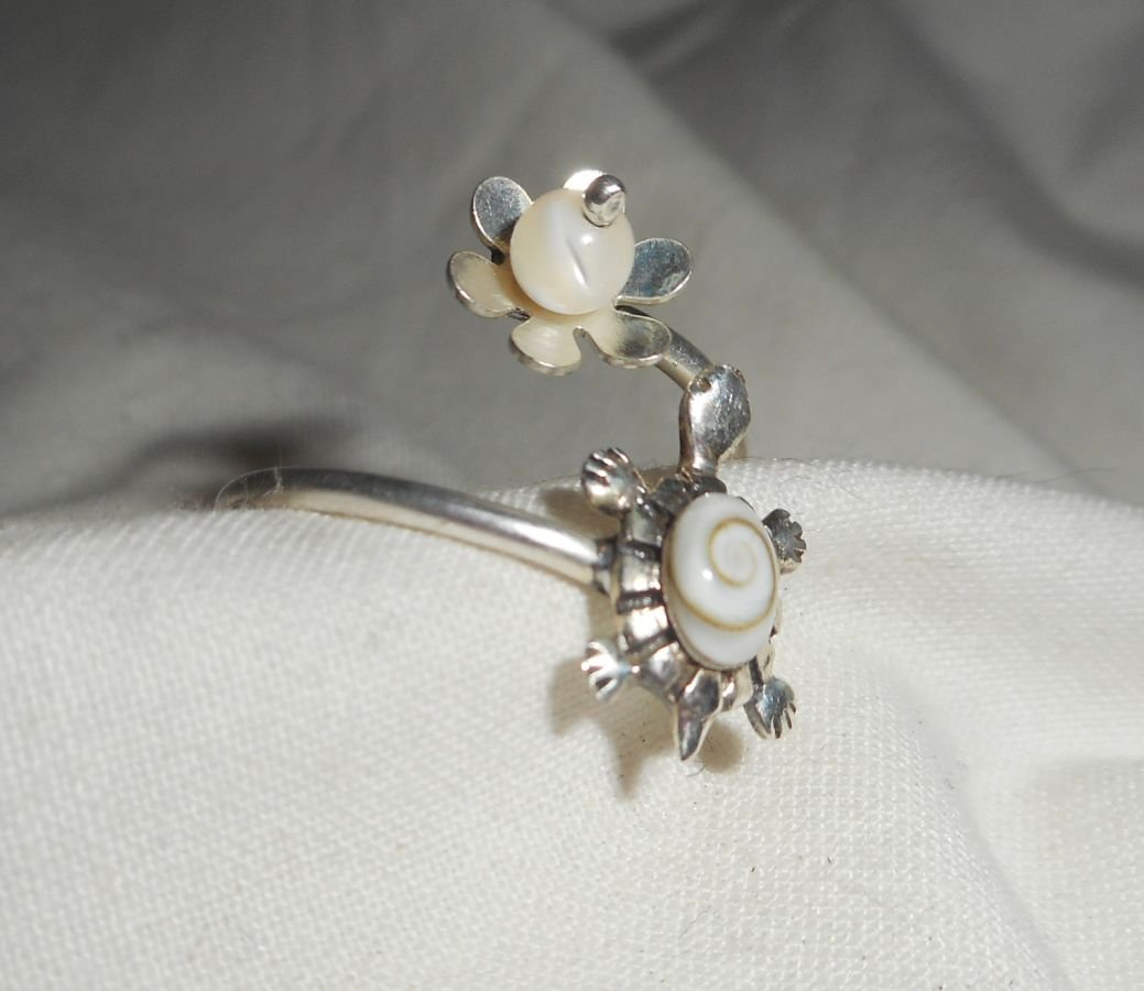 Original 925 silverring med vit St Lucia ögat sköldpadda och pärlemor