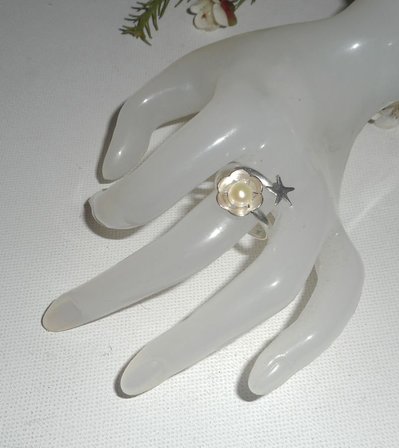 Original 925 silverring med odlad pärla och sjöstjärna