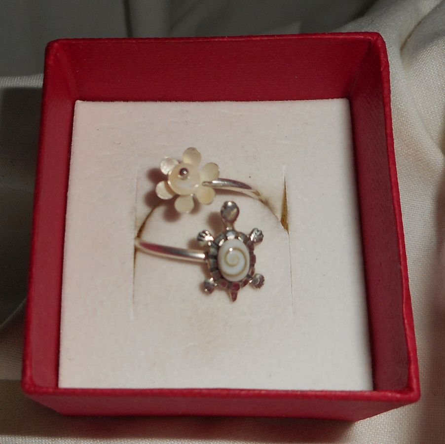 Original 925 silverring med vit St Lucia ögat sköldpadda och pärlemor