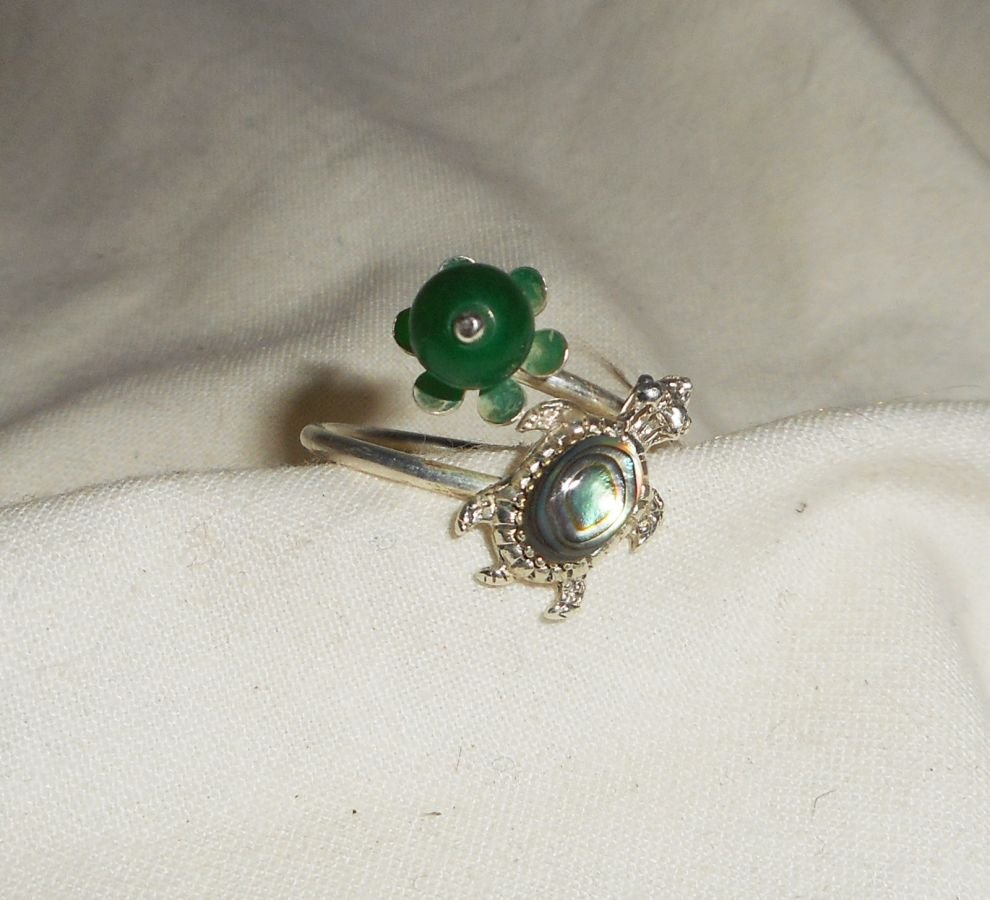 Original 925 silver ring med abalone sköldpadda och grön jade sten