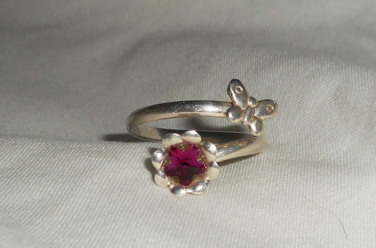 Original 925 silverring med kristallblomma och fjäril