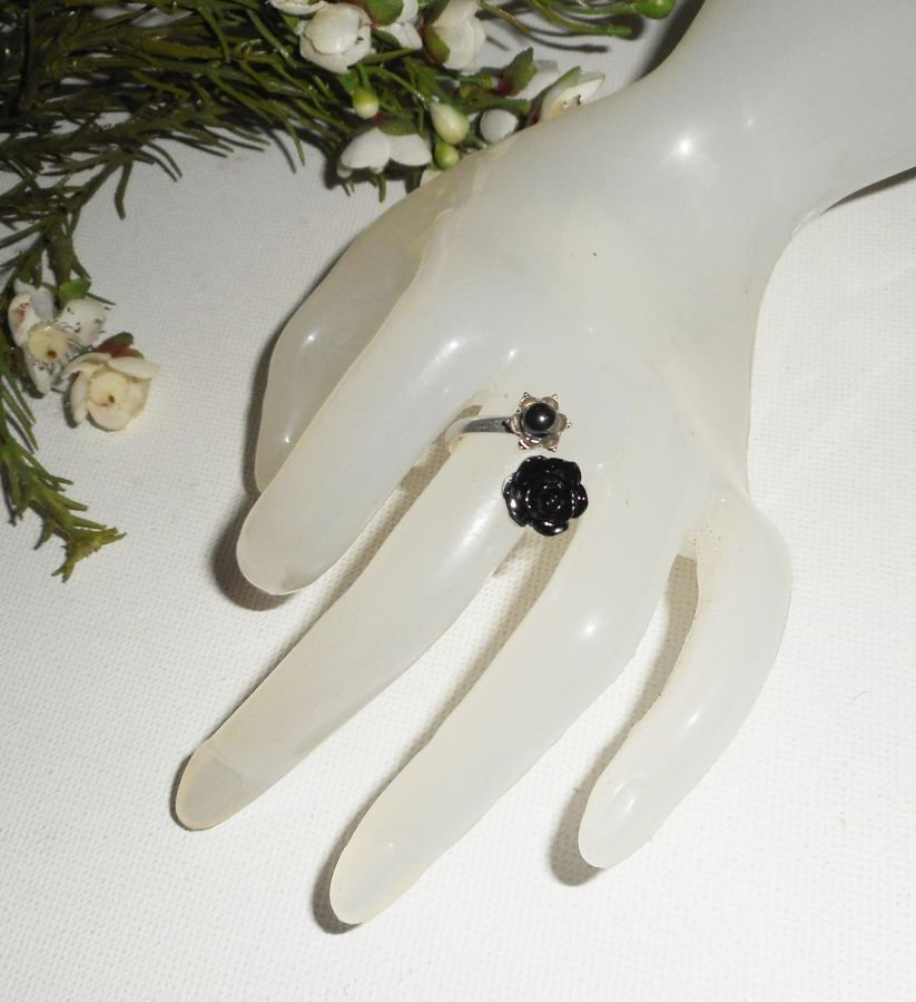 Original 925 silverring med svarta rosor och grå hematit runda stenar 