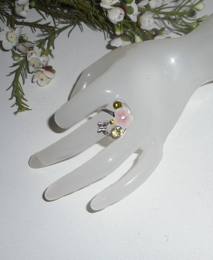 Original 925 silverring med rosa blomma och Swarovski-kristall