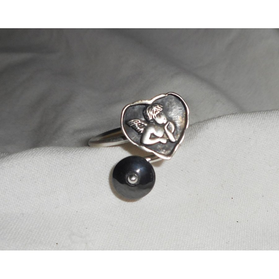 Original 925 silver ring med ängel i hjärta och hematit sten