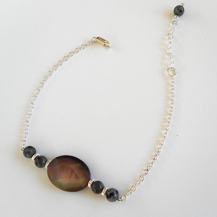 Armband med abalone och grå labradorit på kedja i 925 silver