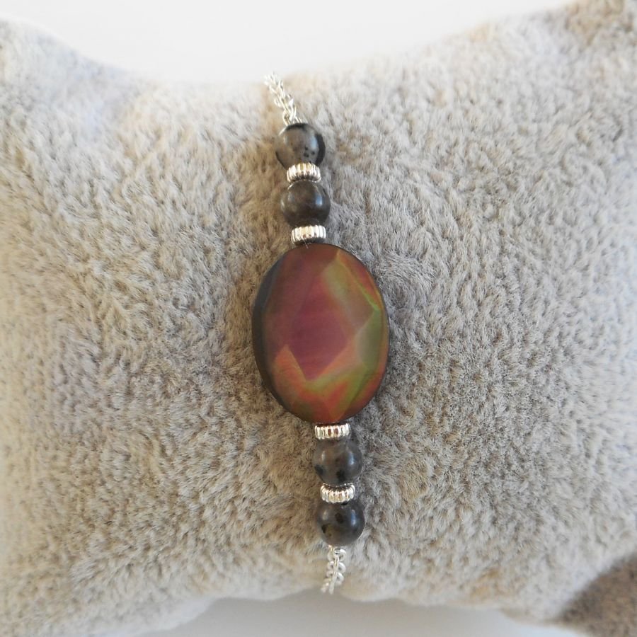 Armband med abalone och grå labradorit på kedja i 925 silver