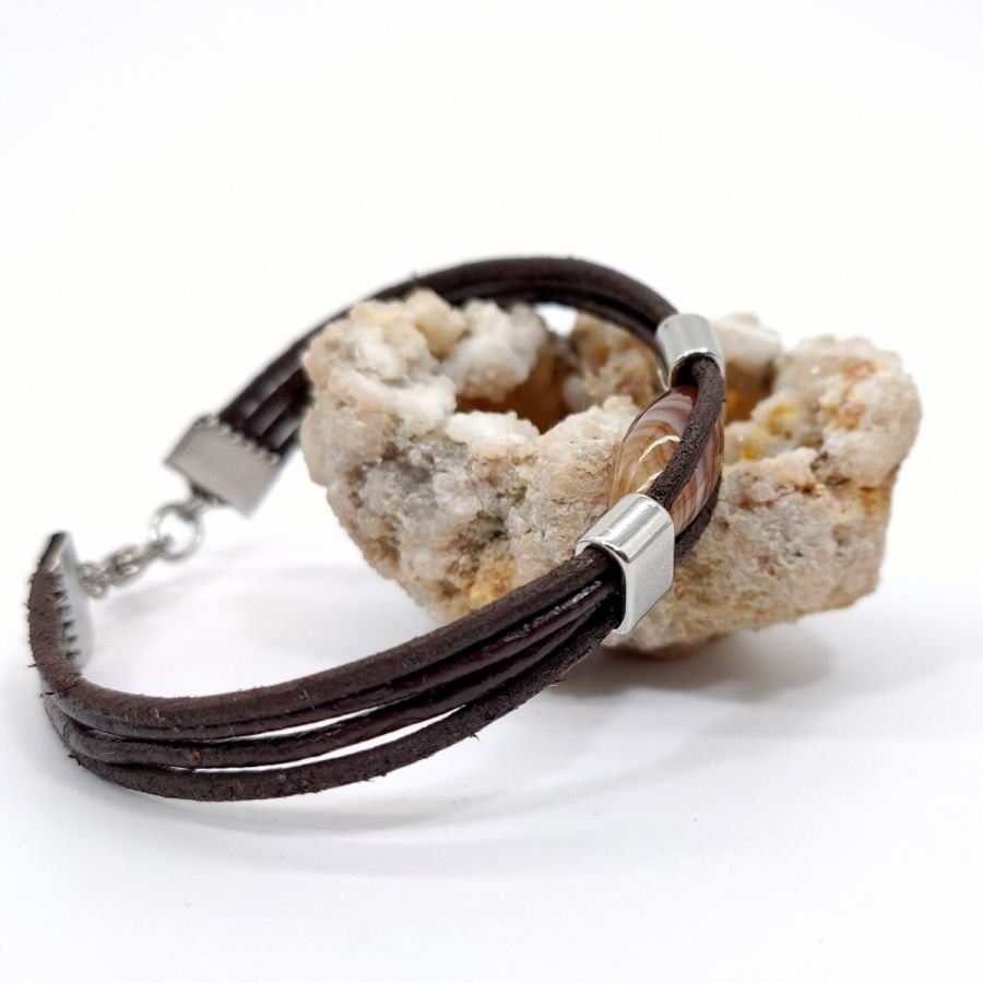 Olive agate armband på brunt läder för män