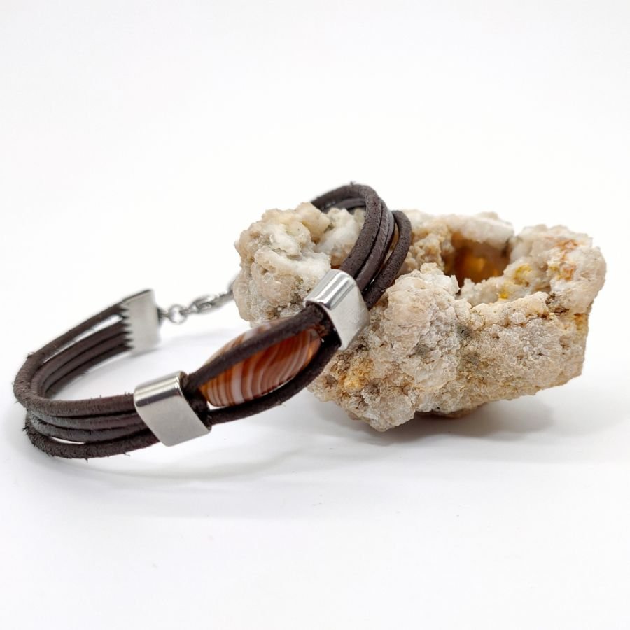 Olive agate armband på brunt läder för män