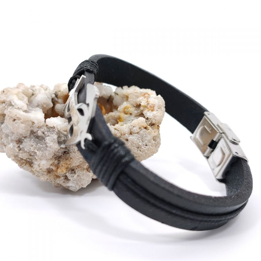 Stål ankararmband på svart läder