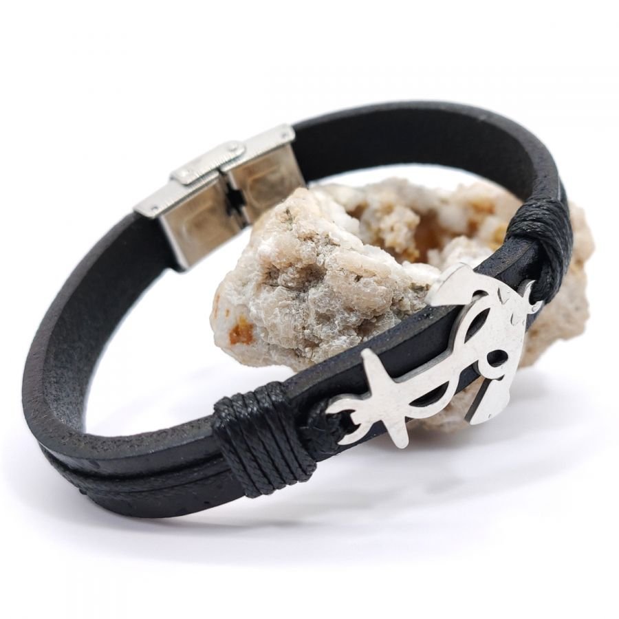 Stål ankararmband på svart läder