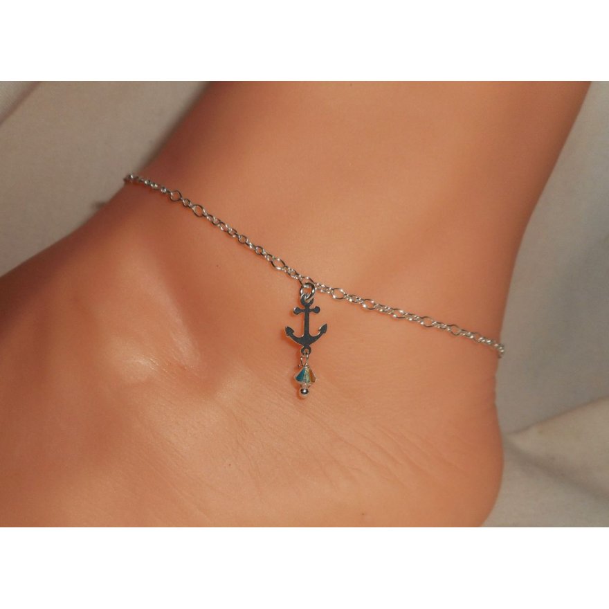 Ankararmband/ankelkedja med kristallankare och snurrande topp på 925 silverkedja