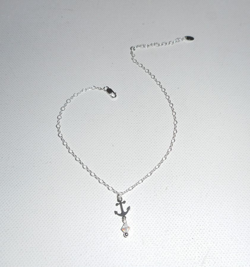 Ankararmband/ankelkedja med kristallankare och snurrande topp på 925 silverkedja