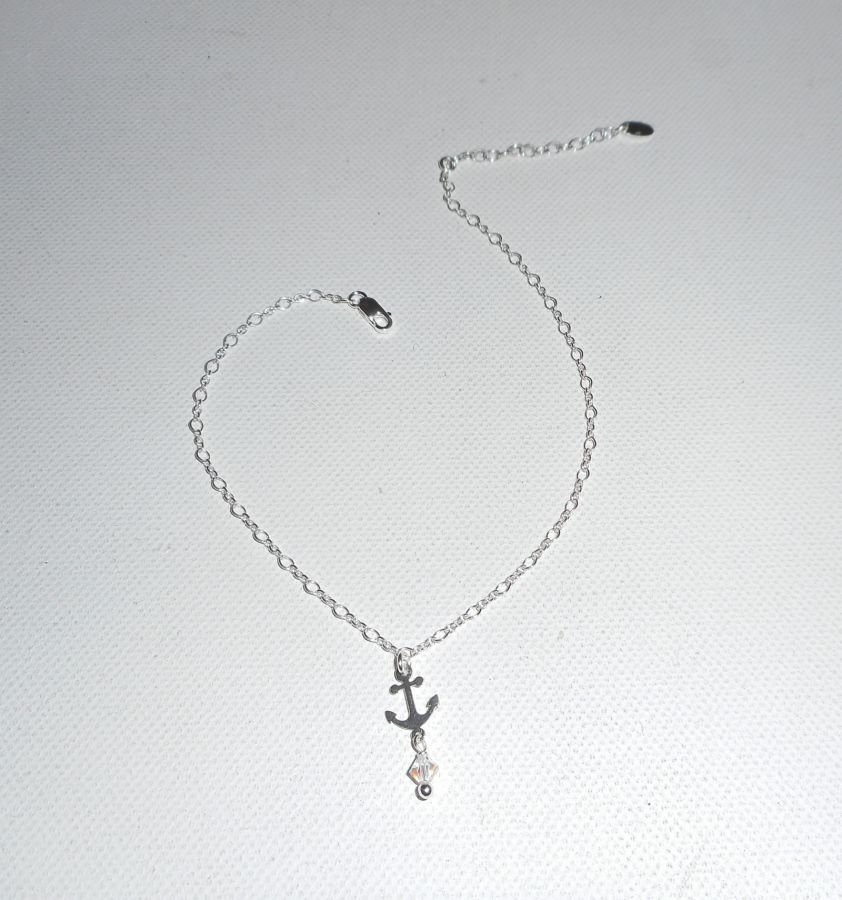 Ankararmband/ankelkedja med kristallankare och snurrande topp på 925 silverkedja