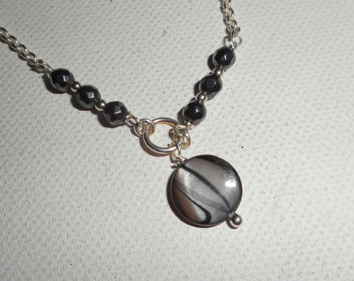 Original 925 silver armband/ankelkedja med grå pärlemor och hematit stenar