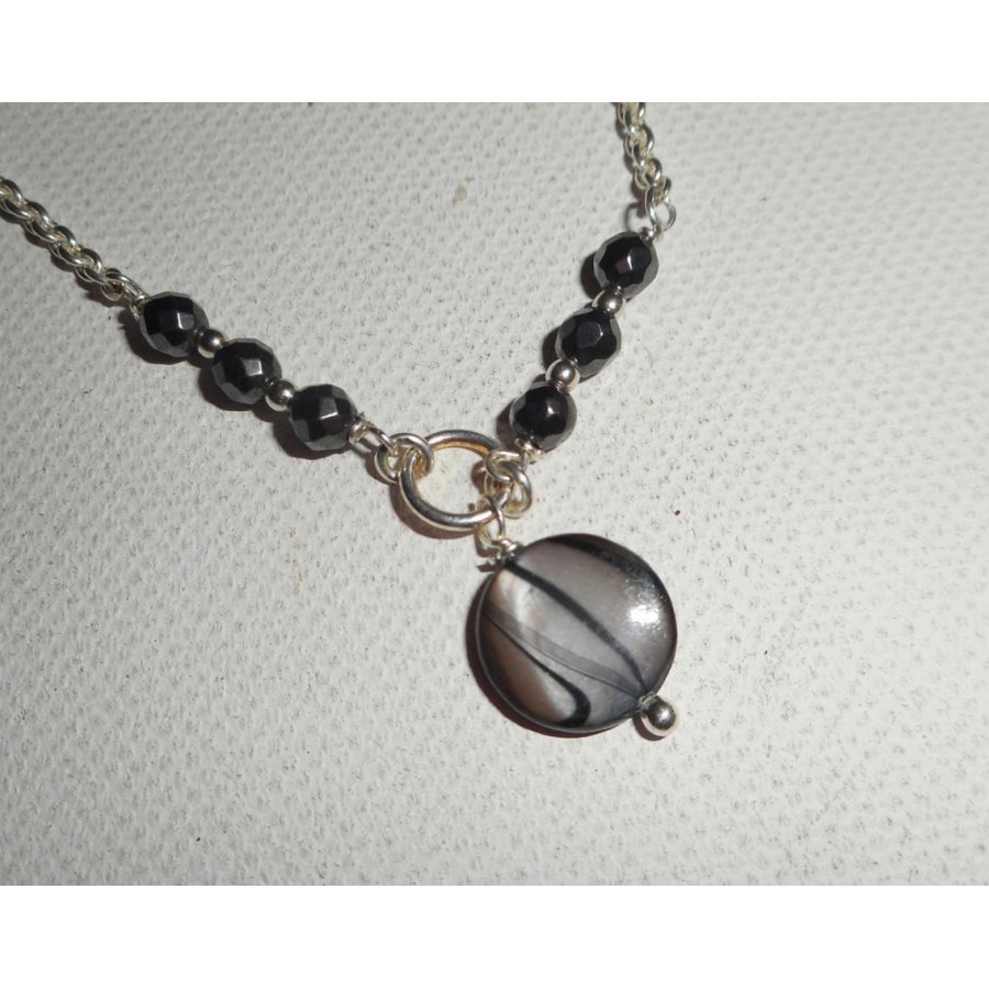 Original 925 silver armband/ankelkedja med grå pärlemor och hematit stenar