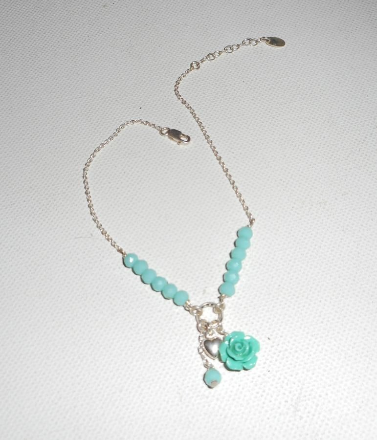 Original 925 silver armband/ankelkedja med kristall och gröna rosenpärlor