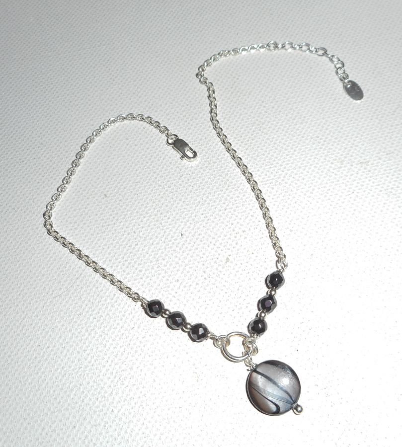 Original 925 silver armband/ankelkedja med grå pärlemor och hematit stenar