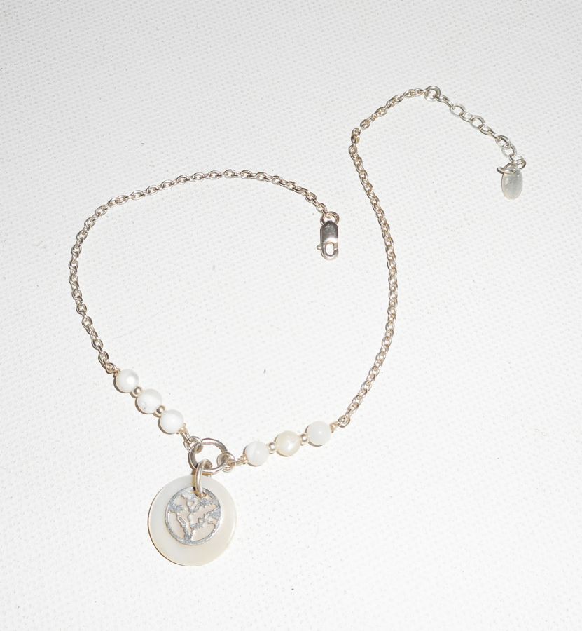 Original 925 silver armband/ankelkedja med pärlemor och livets träd