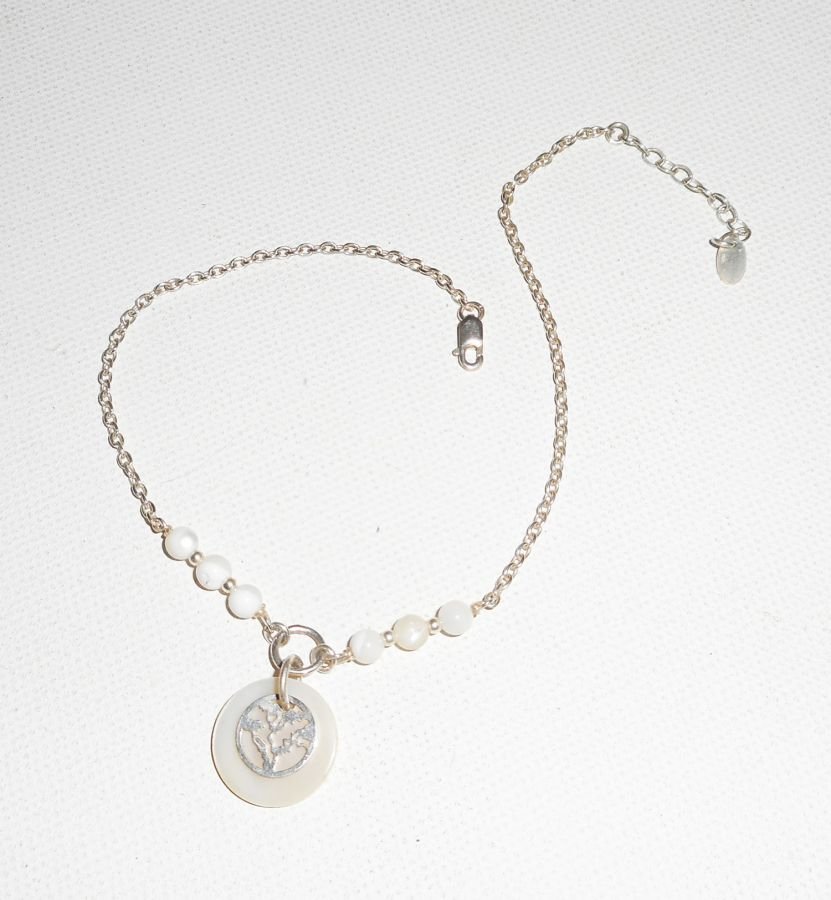 Original 925 silver armband/ankelkedja med pärlemor och livets träd