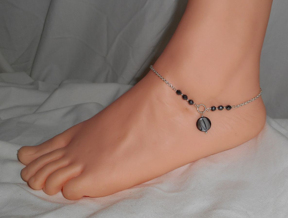 Original 925 silver armband/ankelkedja med grå pärlemor och hematit stenar